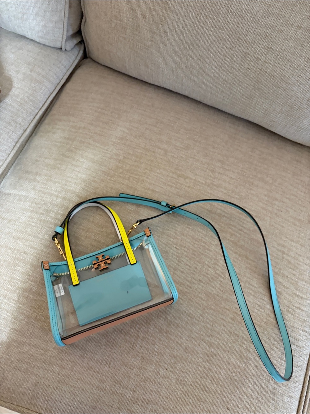Tory Burch Clear Mini Tote in Aqua with Yellow Handles - Picture 2 of 6